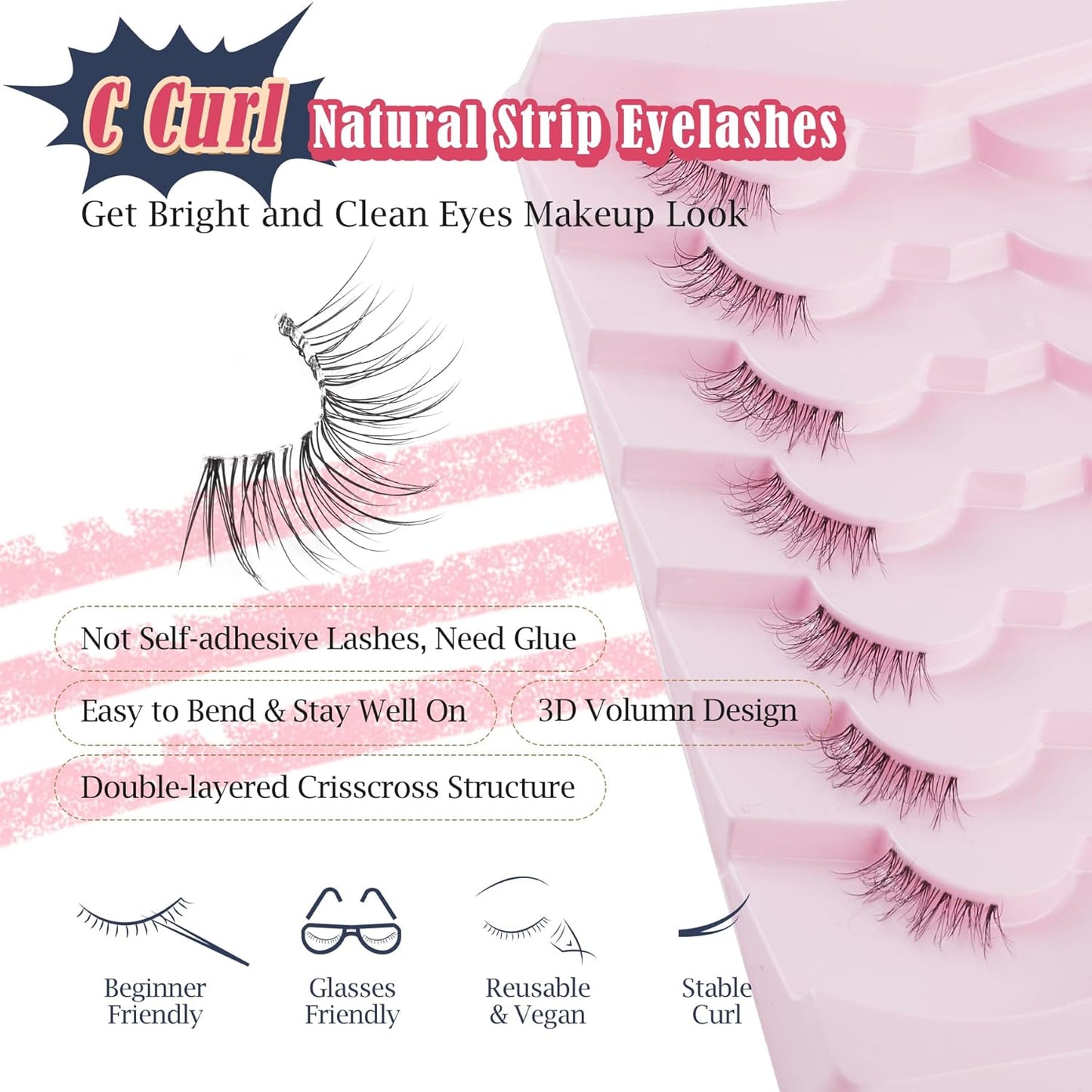 Natural Half Lashes Cat Eye Eyelashes 13MM False Eyelashes Natural Corner Lashes Wispy 3D Volume Half Eyelashes Pack with Thin Cotton Band 3/4 Lashes Extension 7 Pair Siligli