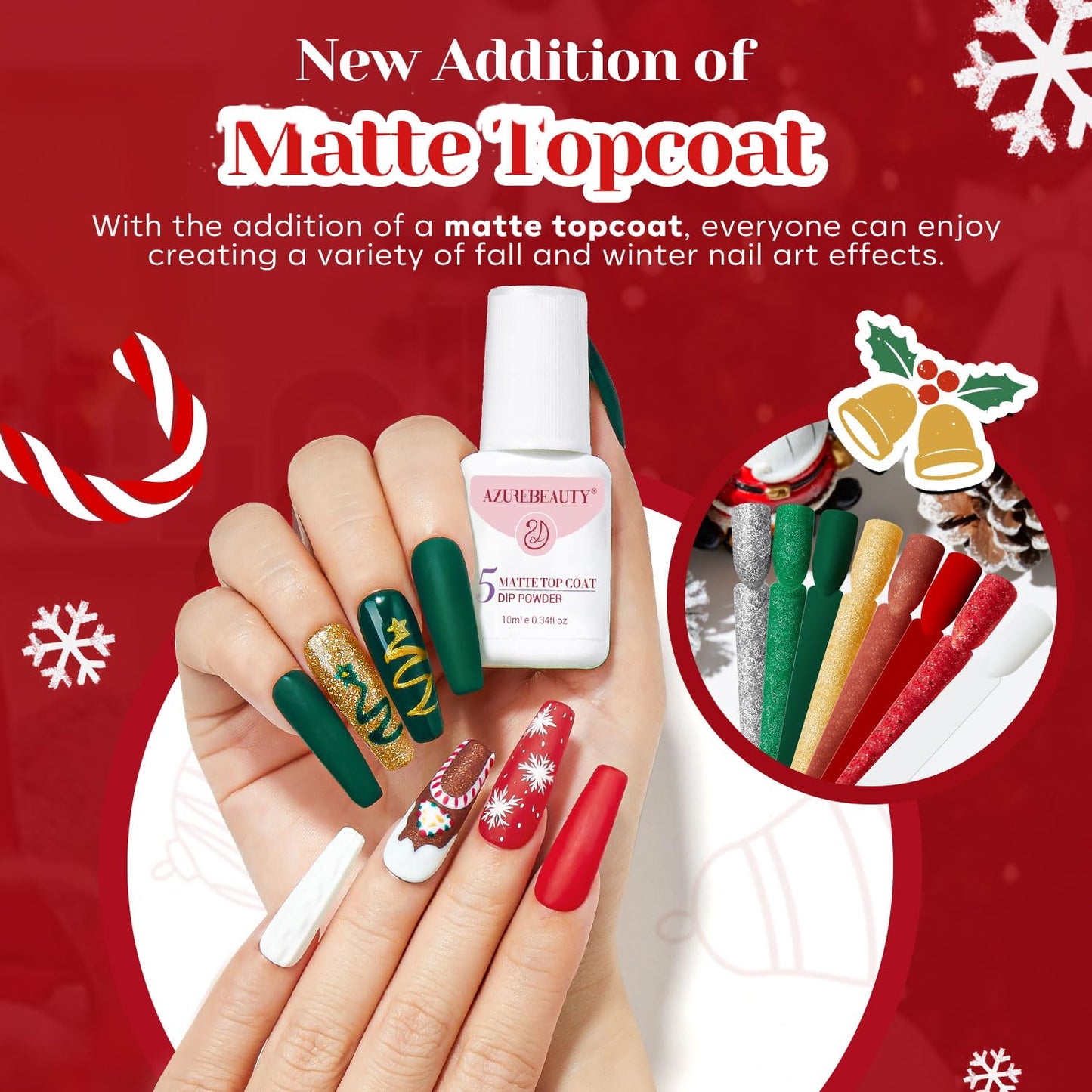 AZUREBEAUTY 30Pcs Dip Powder Nail Kit Starter, 8 Colors Green Red Gold Silver White with Nail Sticks, Nail Art Liquid Set with Matte/Base/Top Coat Activator for French Manicur