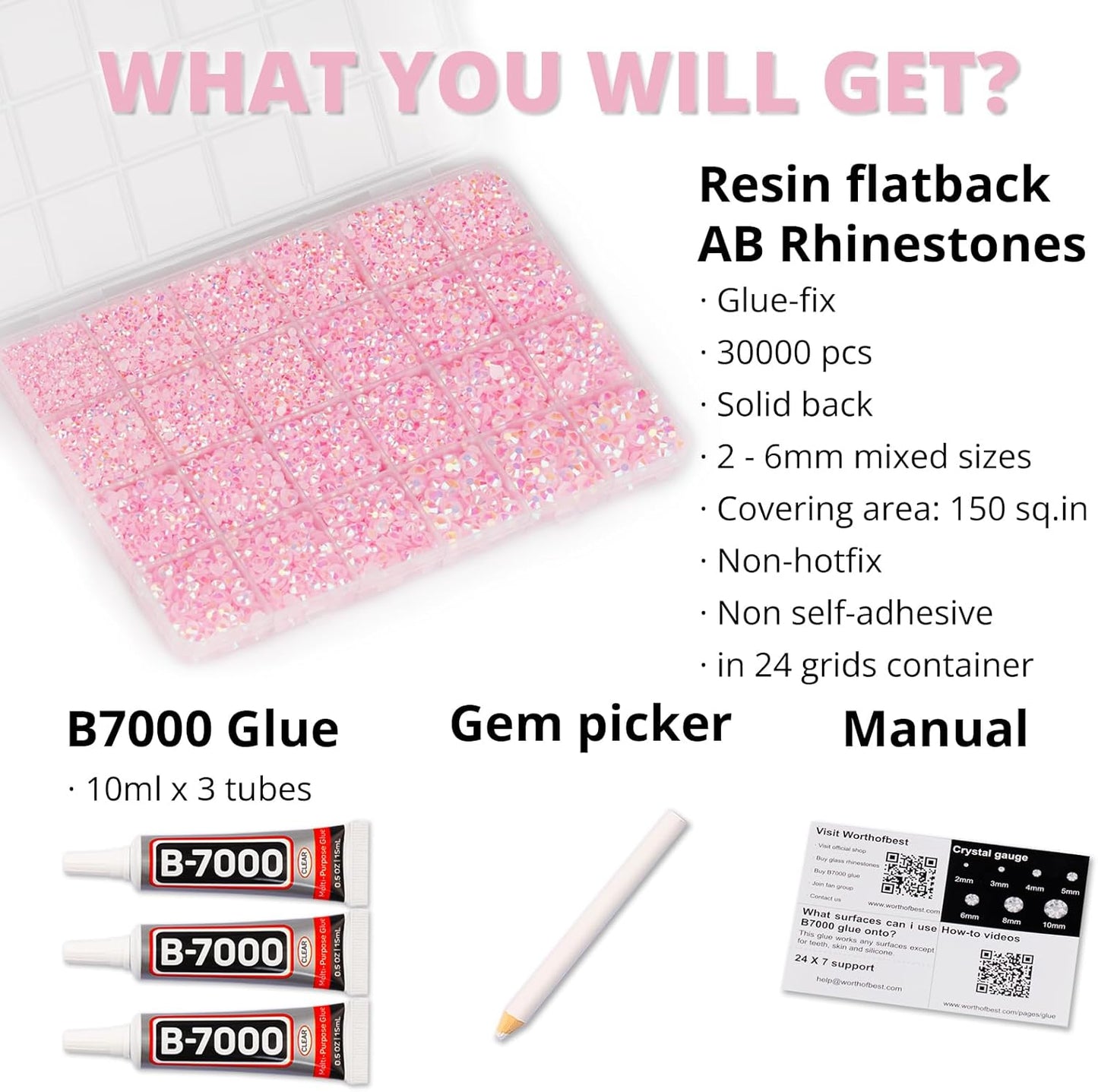 30000Pcs Resin Jelly Rhinestones for Crafting Bedazzling, Pink ab Flatback Gems Jewels for Crafts Clothing Shoes Fabric Tumblers Phone, Flat Back Light Pink Crystal S6/10/16/20/30 with b7000 Glue