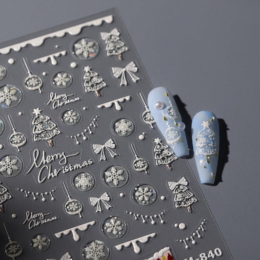 5D Embossed Christmas Nail Art Sticker White Snowflake Nail Decals Self-Adhesive Nail Design