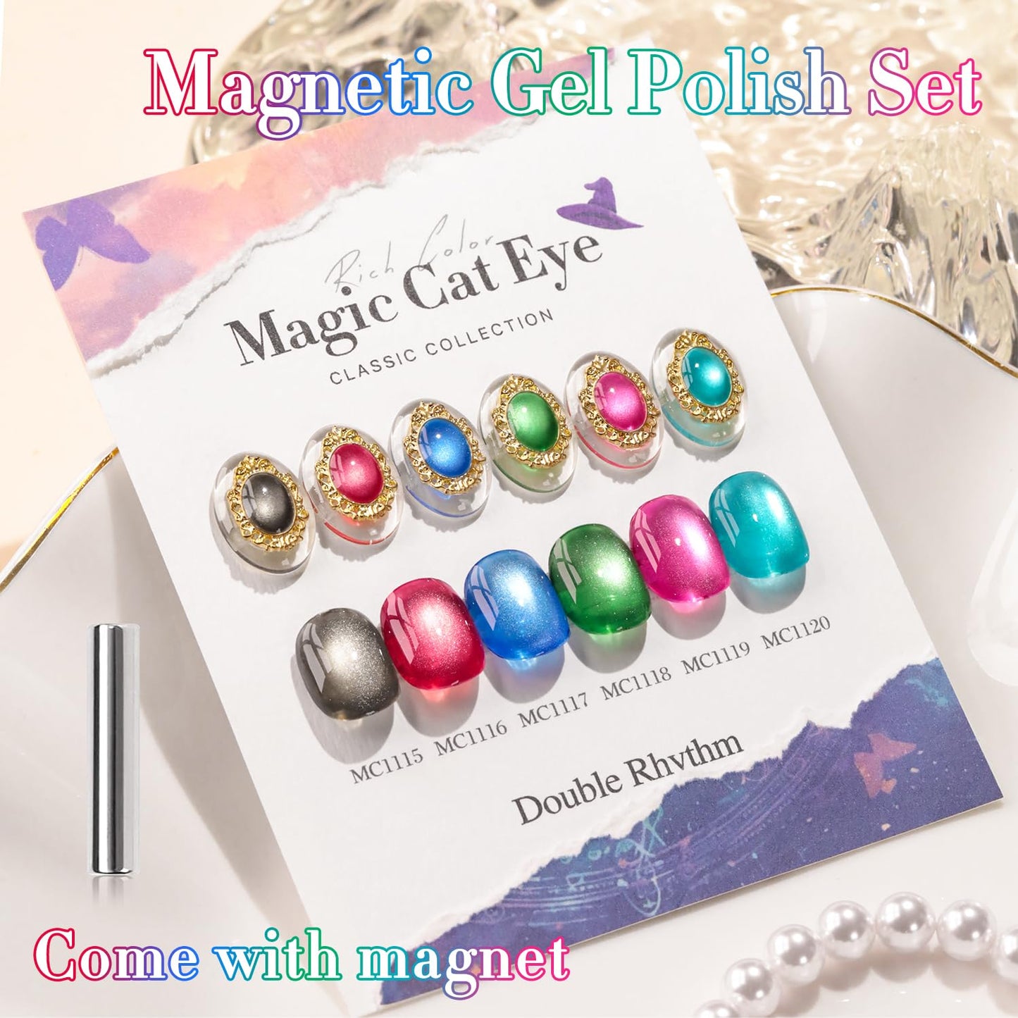 Double Rhythm Cat Eye Gel Nail Polish Set of 6 Same Color Same Bottle 0.5 Oz Shimmer Glitter with Magnet Holographic Reflective Magnetic UV Polish Kit at Home (Black Red Green Navy-T6-44)