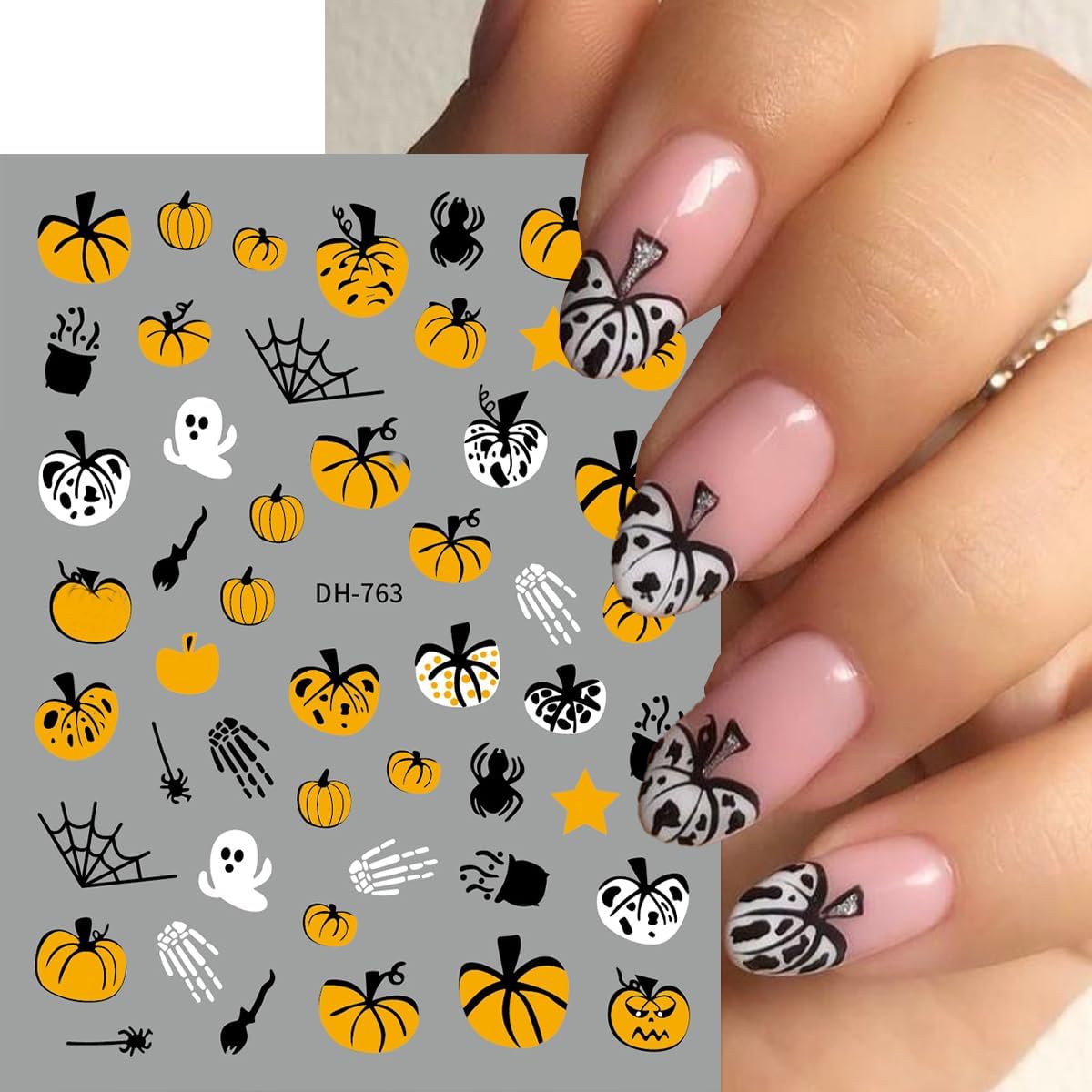 Halloween Nail Stickers Spider Web Nail Decals Pumpkin Nail Art Stickers Ghost Heart Star French Tips Design Self Adhesive Nails Sticker for Nails Art for Women DIY Holiday Manicure Supplies 8 Sheet
