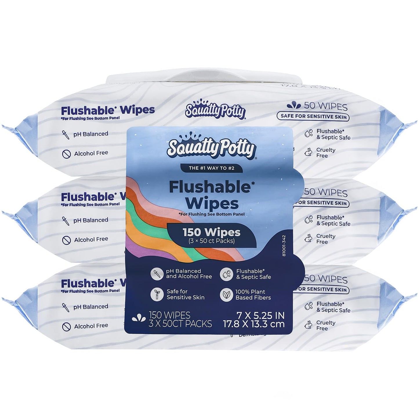 Squatty Potty Flushable Wipes - 3 Pack (150 Total Wipes) - 99% Water & Plant-Based - Green Tea, Cucumber & Aloe Spa Scent - pH Balanced - Septic Safe Adult Wet Wipes