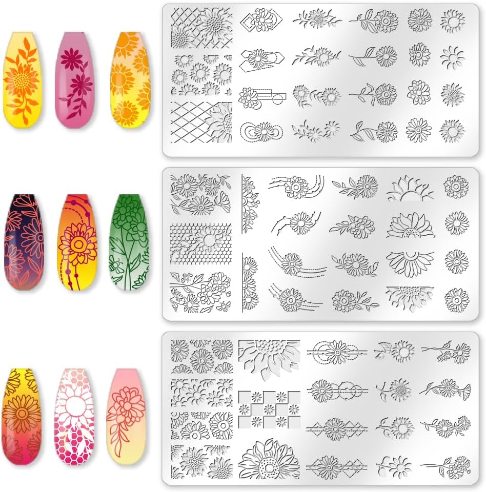 3Pcs Nail Stamping Plate Set Sunflower Nail Stamping Templates French Line Tip Nail Plates Floral Leaves Stainless Steel DIY Reusable Tools with Stamper Scraper for Manicure Printing