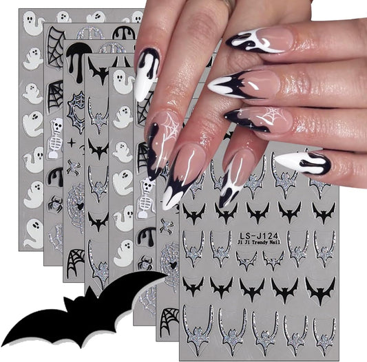 8 Sheets Horror Goth Nail Art Stickers Halloween Nail Stickers for Nail Art Glitter Bat Spider Web