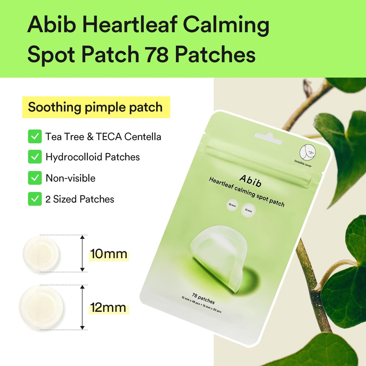 Abib Heartleaf Calming Spot Patch 2 Sizes 78 Patches, Waterproof Pimple Patches for Face