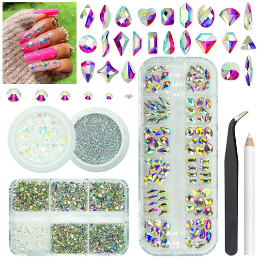 4 Boxes AB Crystal Nail Rhinestones Glitters Powder 24 Shapes K9 Glass White AB Gems Flatback Round