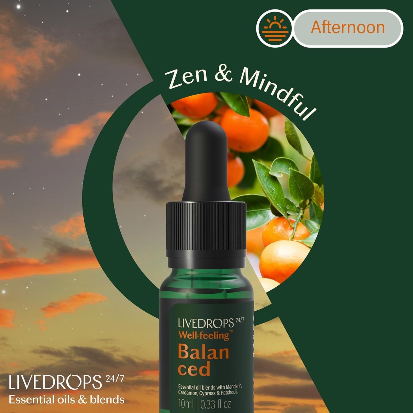 LIVEDROPS 24/7 Balanced Essential Oil Blend Mandarin Cardamom Cypress Patchouli | Aromatherapy for Calm, Harmony & Grounding | Skin-Safe Diffuser Oil | Vegan French Perfumers Clinically Tested 10ml