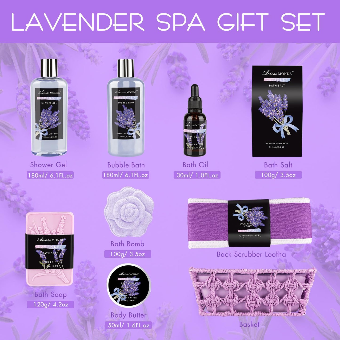 Spa Gift Basket Set, Lavender Home Spa Gifts for Women With Shower Gel, Bubble Bath, Body Butter, Bath Salt, Bomb, Oil, Soap - Gift Idea for Mother, Girlfriend, Wife