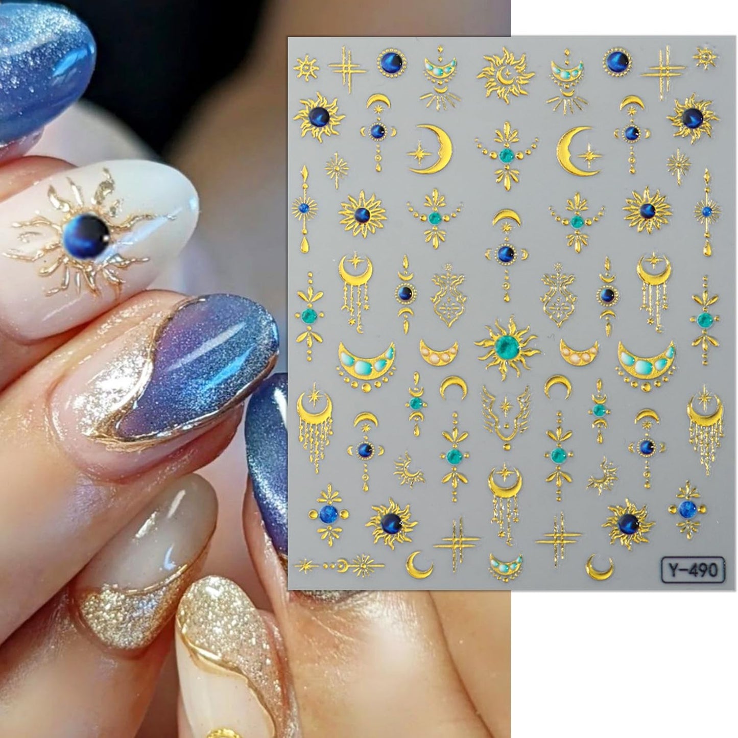2 Sheets Celestial Nail Stickers for Nail Art Embossed Star Moon Sun Nail Art Stickers 5D Self-Adhesive Gold Silver Bohemian Style Nail Decals Moon Meteor Design Decals for Women Nail Supplies
