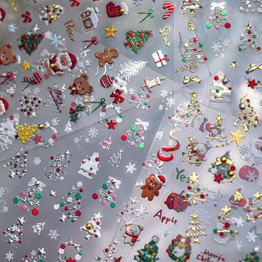 Christmas Nail Art Stickers 5D Embossed Xmas Cute Bear Nail Stickers Christmas Sock Xmas Gift Xmas