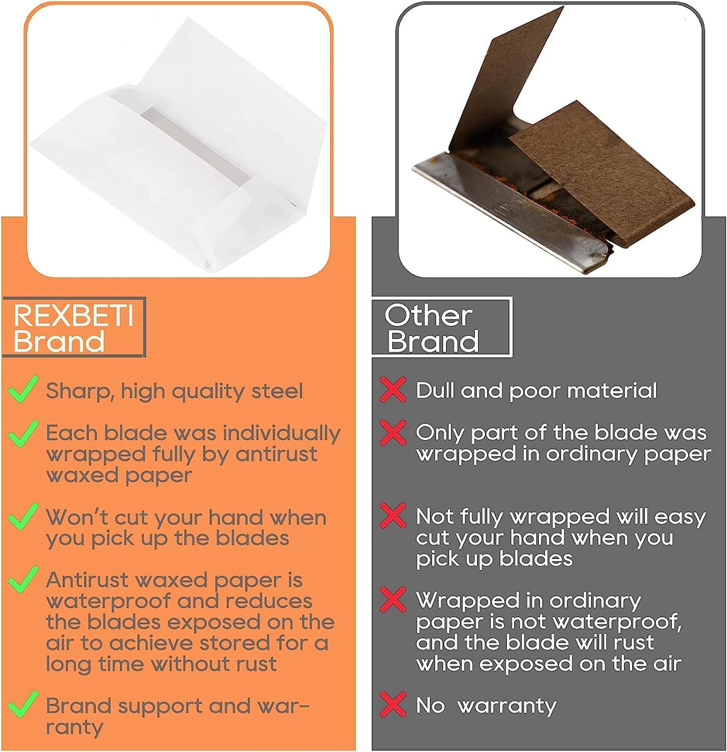 REXBETI 400PCS Single Edge Razor Blades, Industrial Scraper Razor Blades, One Edge Razor Blade, Replacement Box Cutter Blades, Suitable for Removing Labels, Decals, Stickers