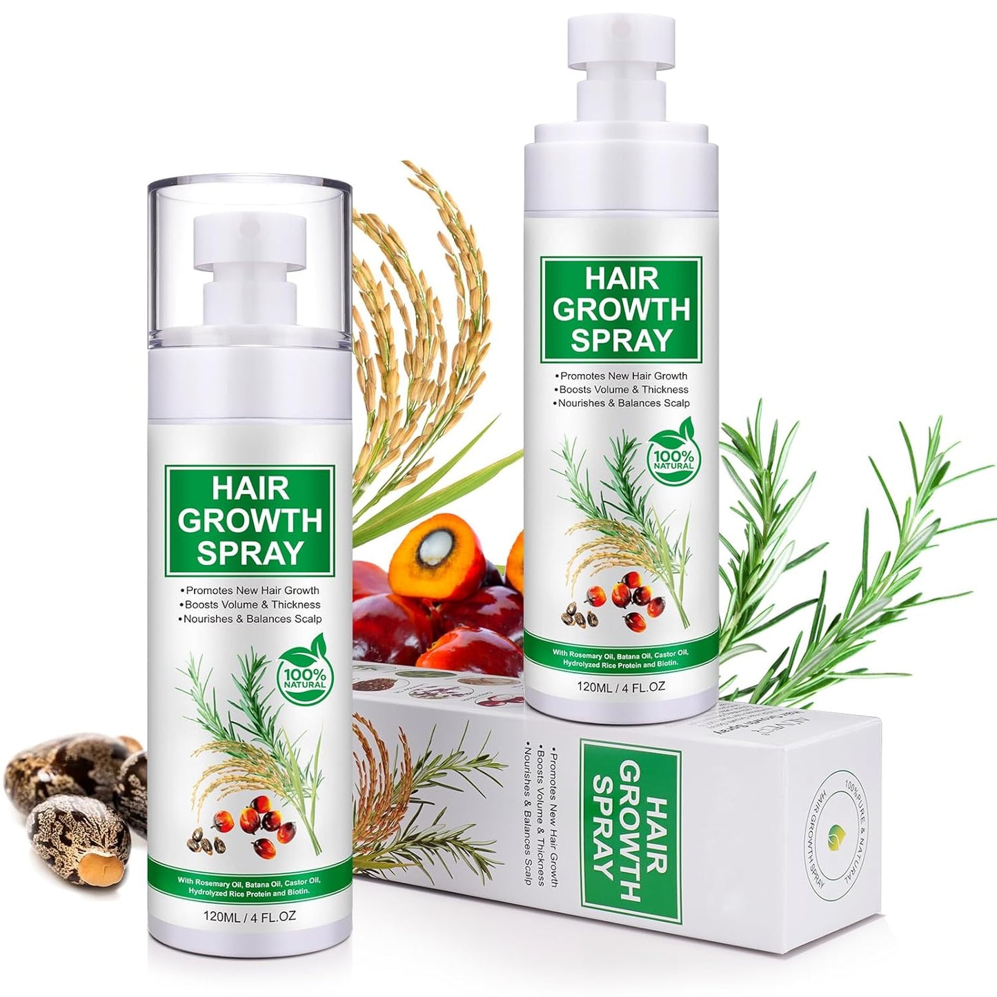 Hair Growth Serum Spray, 2 Pack Natural Hair Growth Spray With Biotin, Batana, Rosemary, and Castor Oil, Caffeine Ginseng Support Scalp Care Treatment, Thinning Hair Regrowth Thickening, Reduce damage