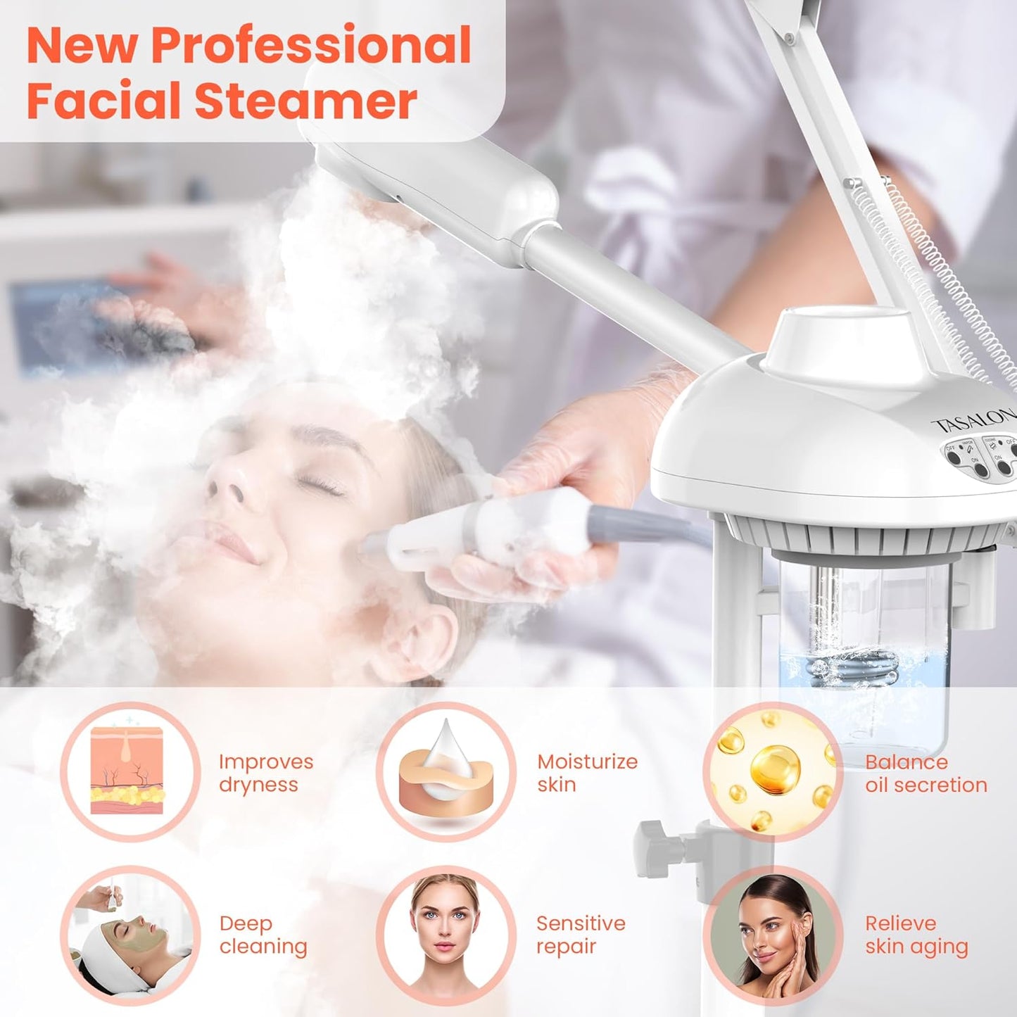 TASALON 2-in-1 Professional Facial Steamer with 5X Magnifying Lamp, Esthetician Steamer on Wheels, White, Facial Steamer, Cleansing, Hydrating, Pore Treatment