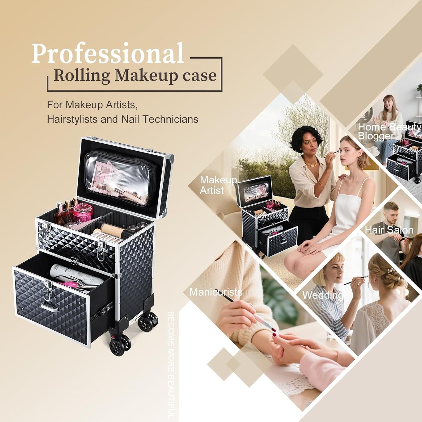 Adazzo Professional Rolling Makeup Case with Drawer for Makeup Artists Cosmetic Train Case Large Storage Case for Nail Technicians Cosmetology Case with Detachable Bag for Hairstylist Black