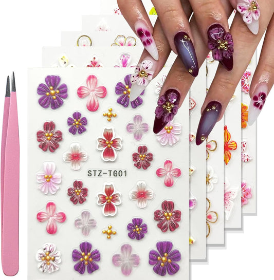 Nail Art Stickers Decals 5D Embossed Flower Nail Decals Self Adhesive Spring Summer Plumeria Nails