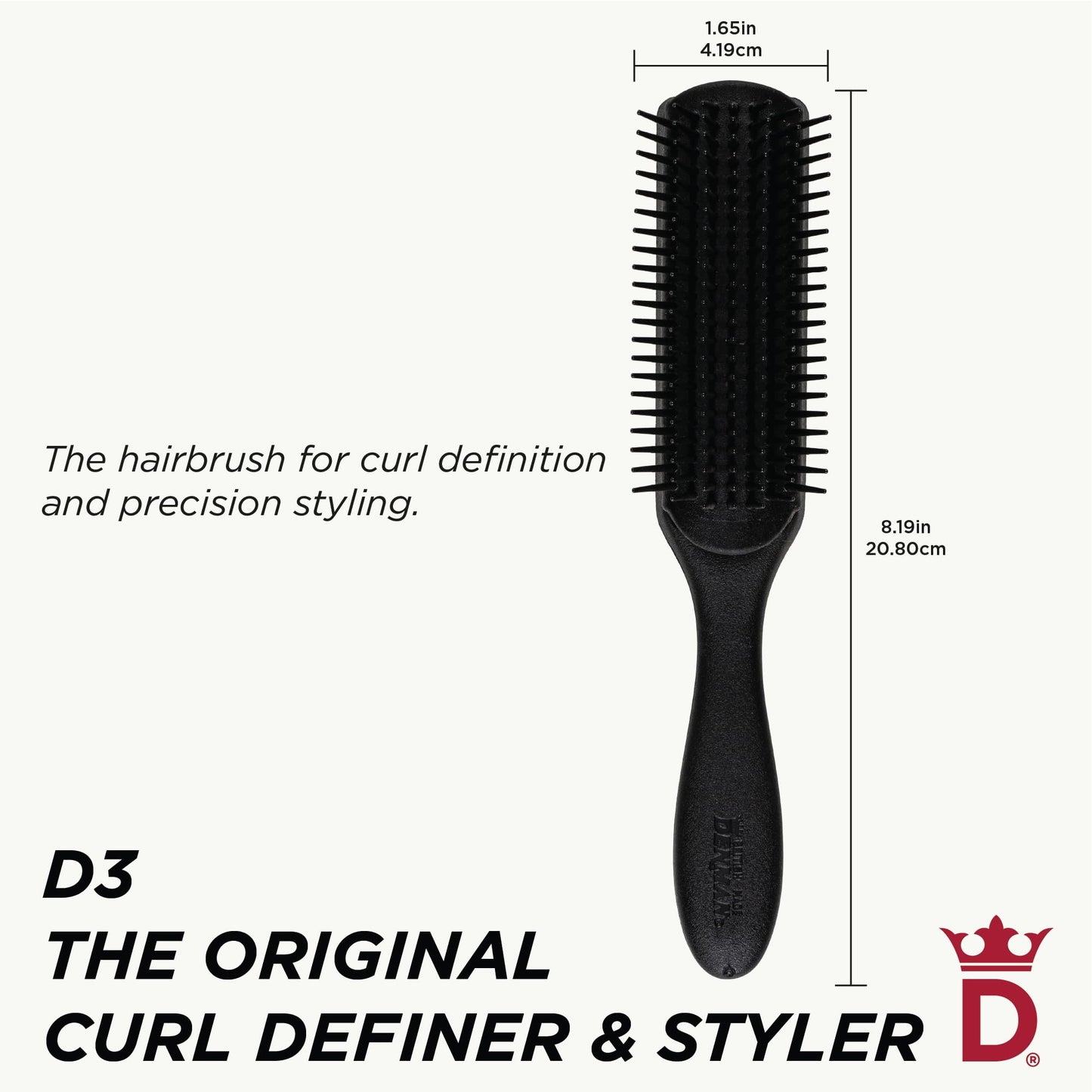 Jack Dean by Denman Curly Hair Brush D3 (All Black) 7 Row Styling Brush for Detangling, Separating