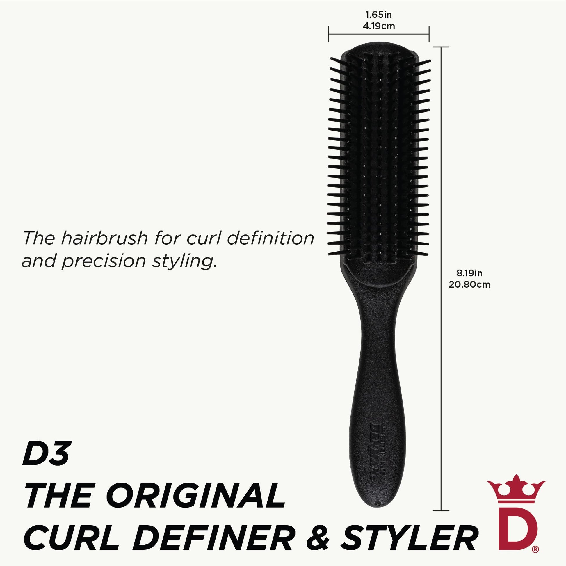 Jack Dean by Denman Curly Hair Brush D3 (All Black) 7 Row Styling Brush for Detangling, Separating