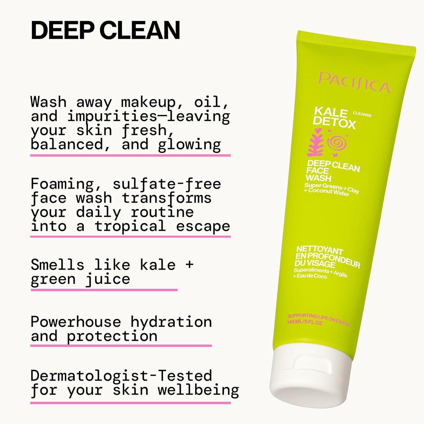 Pacifica Kale Detox Face Wash for Oily & Acne-Prone Skin, Deep Cleansing Facial Cleanser & Makeup Remover with Super Greens Kale, Seaweed & Clay, 5 fl oz –Clean Beauty, Vegan & Cruelty-Free