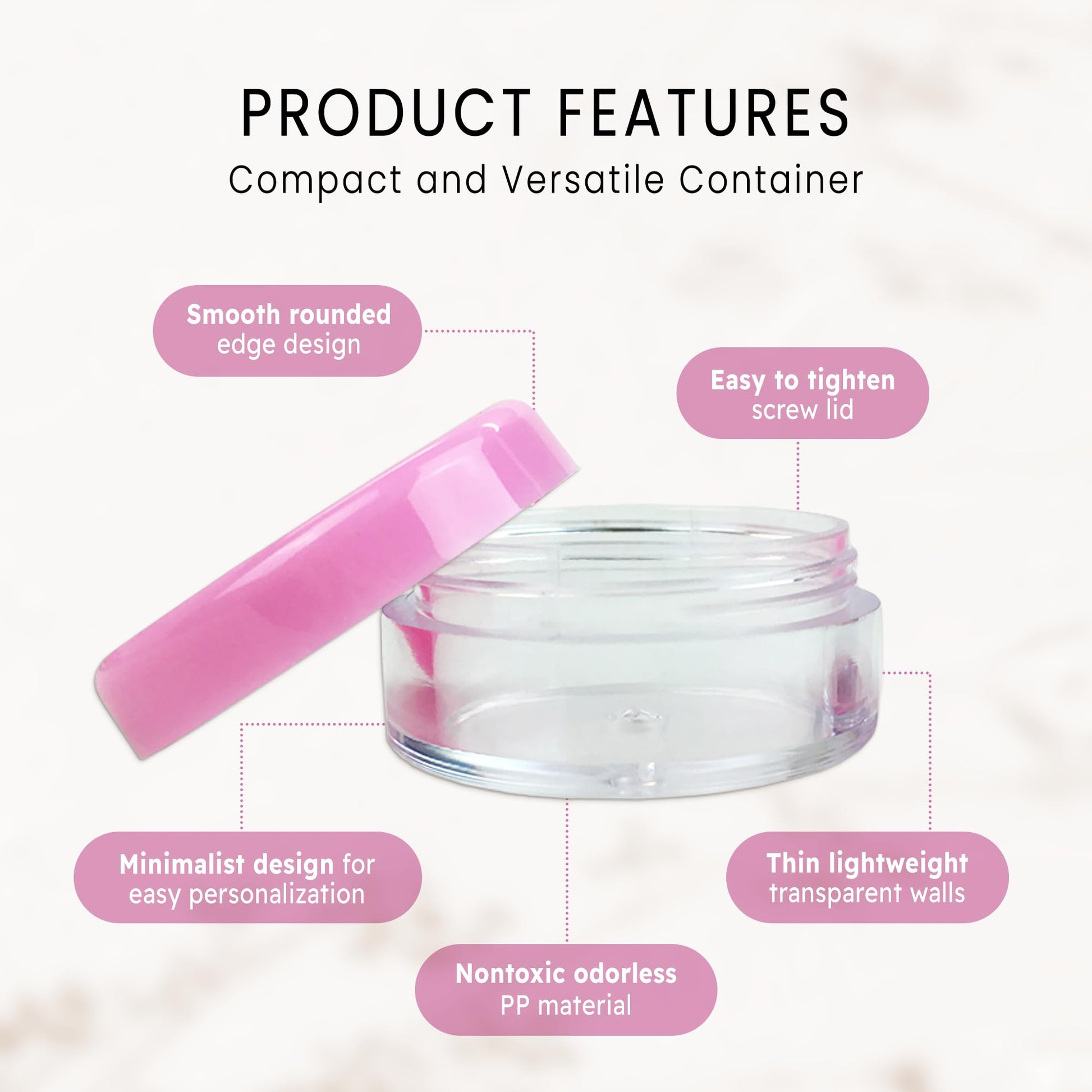 (Quantity: 200 Pcs) Beauticom 5G/5ML Round Clear Jars with Pink Lids for Cosmetics, Medication, Lab