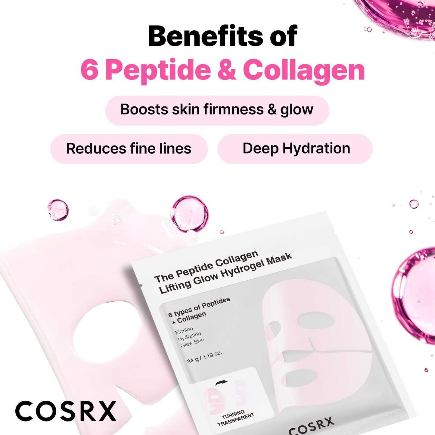 COSRX Pink Peptides Collagen Lifting Glow Hydrogel Face Masks 3 EA