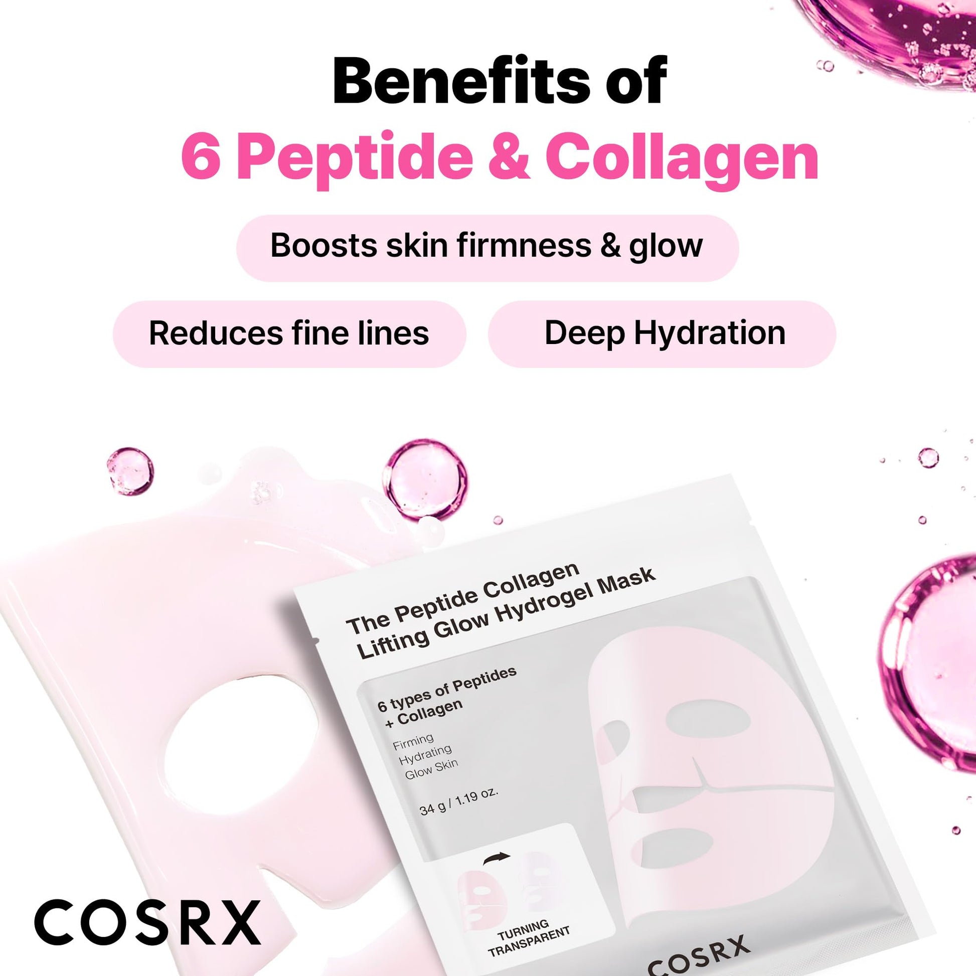 COSRX Pink Peptides Collagen Lifting Glow Hydrogel Face Masks 3 EA