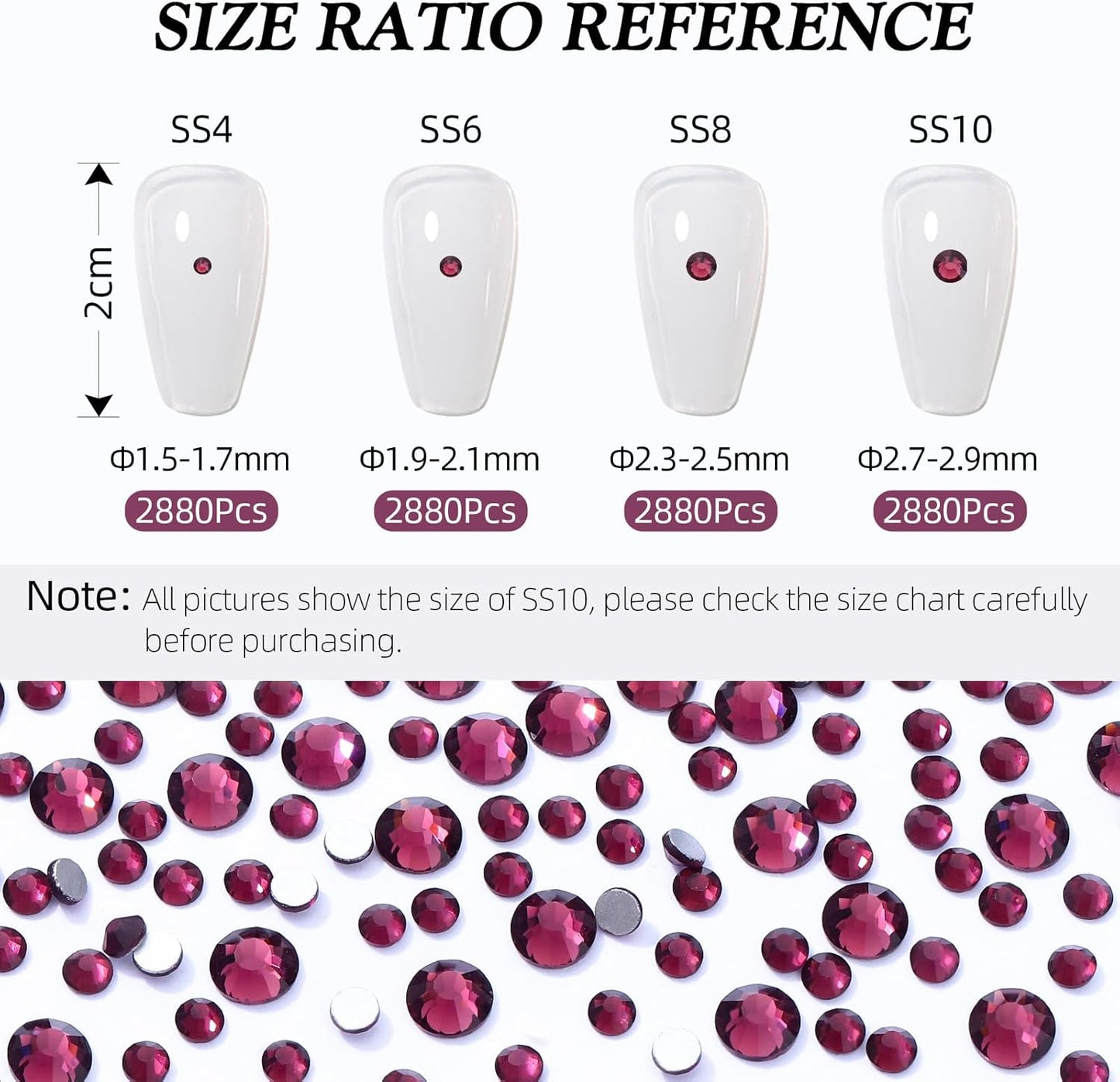 Purple Flatback Rhinestones, Glass Rhinestones for Nail Art and Craft, Glue Fix, Loose Crystal Gemstones(Purple, SS8, 2880pcs, 2.3-2.5mm)