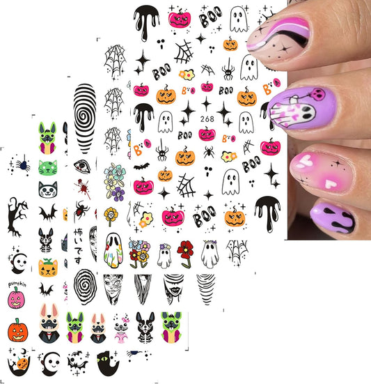 Halloween Nail Stickers for Nail Art Cute Ghost Pumpkin Bat Scary Anime 3D Self-Adhesive Nail Decals Nail Art Supplies Nails Design Manicure Stickers for Nails Decoration 6Sheets