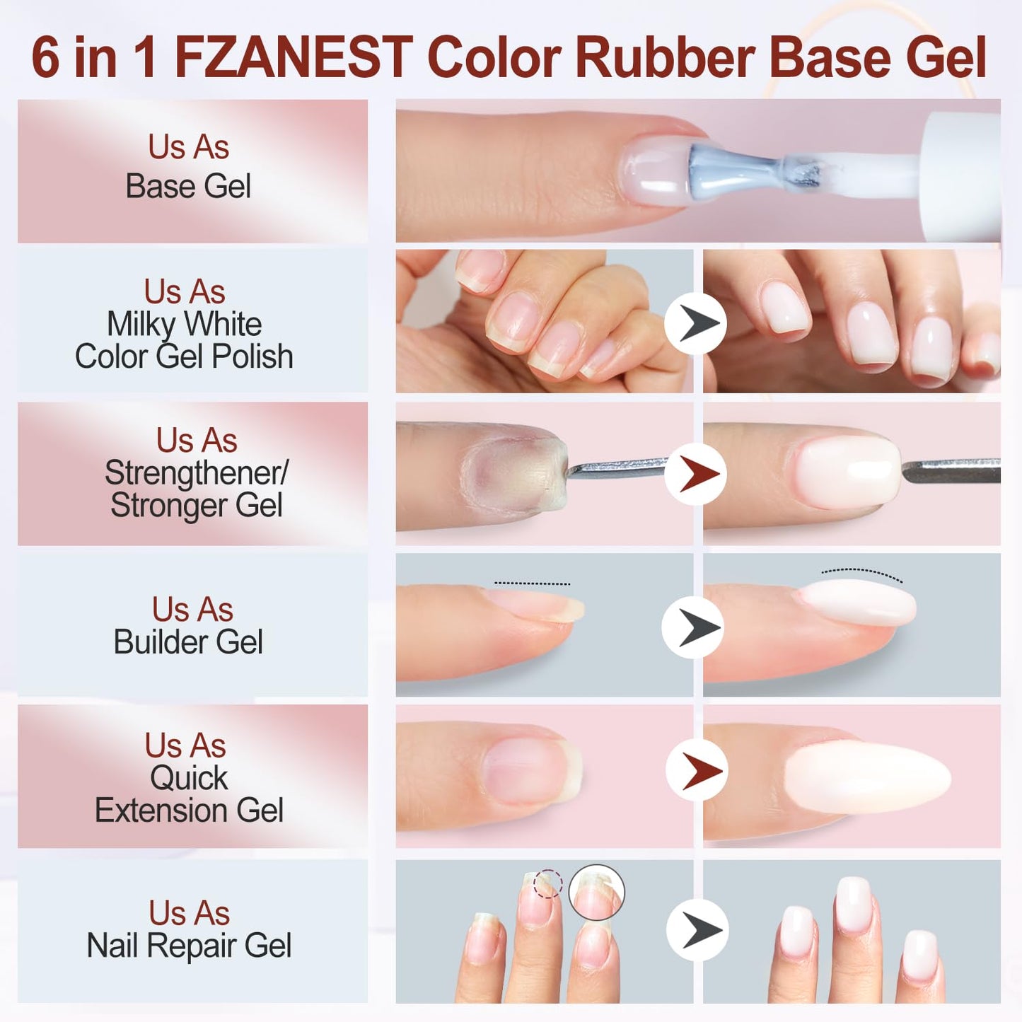 FZANEST Rubber Base Gel Polih Nude Color 6 in 1 Jelly Sheer Beige Builder Gel Thick Base Coat For Nail Strengthener Structure Extension Repair