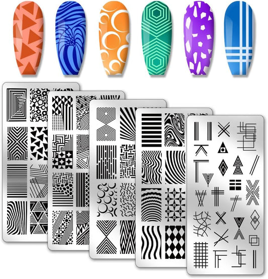 PH PandaHall 5pcs Nail Art Stamping Plate, Abstract Geometric Texture Nail Stamper Line Pattern