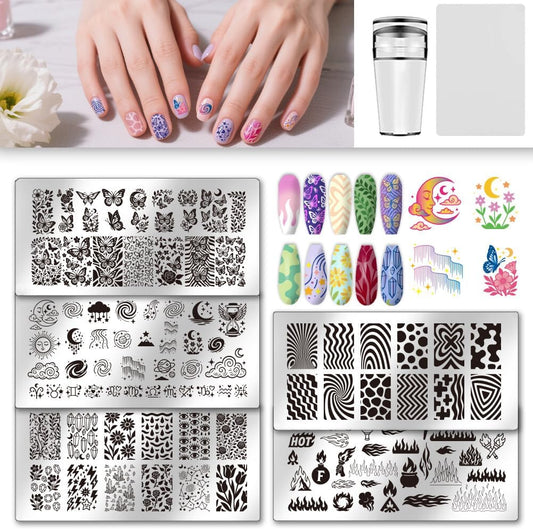 UNICRAFTALE 5Pcs Butterfly Flower Reusable Nail Stamp Flames Nail Stamping Kit Abstract Textures