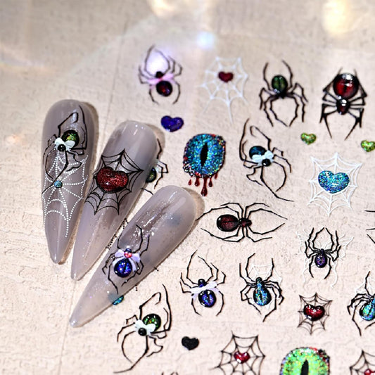 5D Embossed Spider Nail Art Stickers Halloween Nail Stickers Sparkling Eyes Spider Web Nail Decals