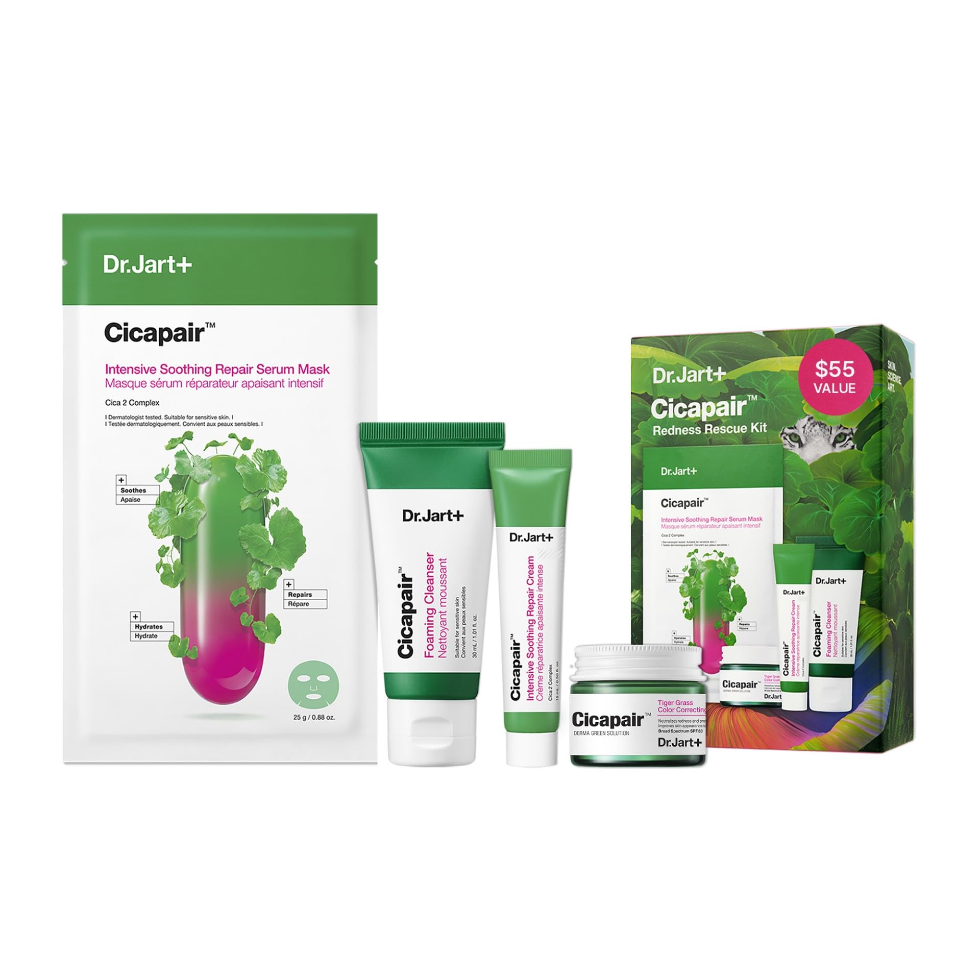 Dr.Jart+ Cicapair Redness Rescue Korean Skin Care Set, Travel Size Value Gift Set with Cicapair