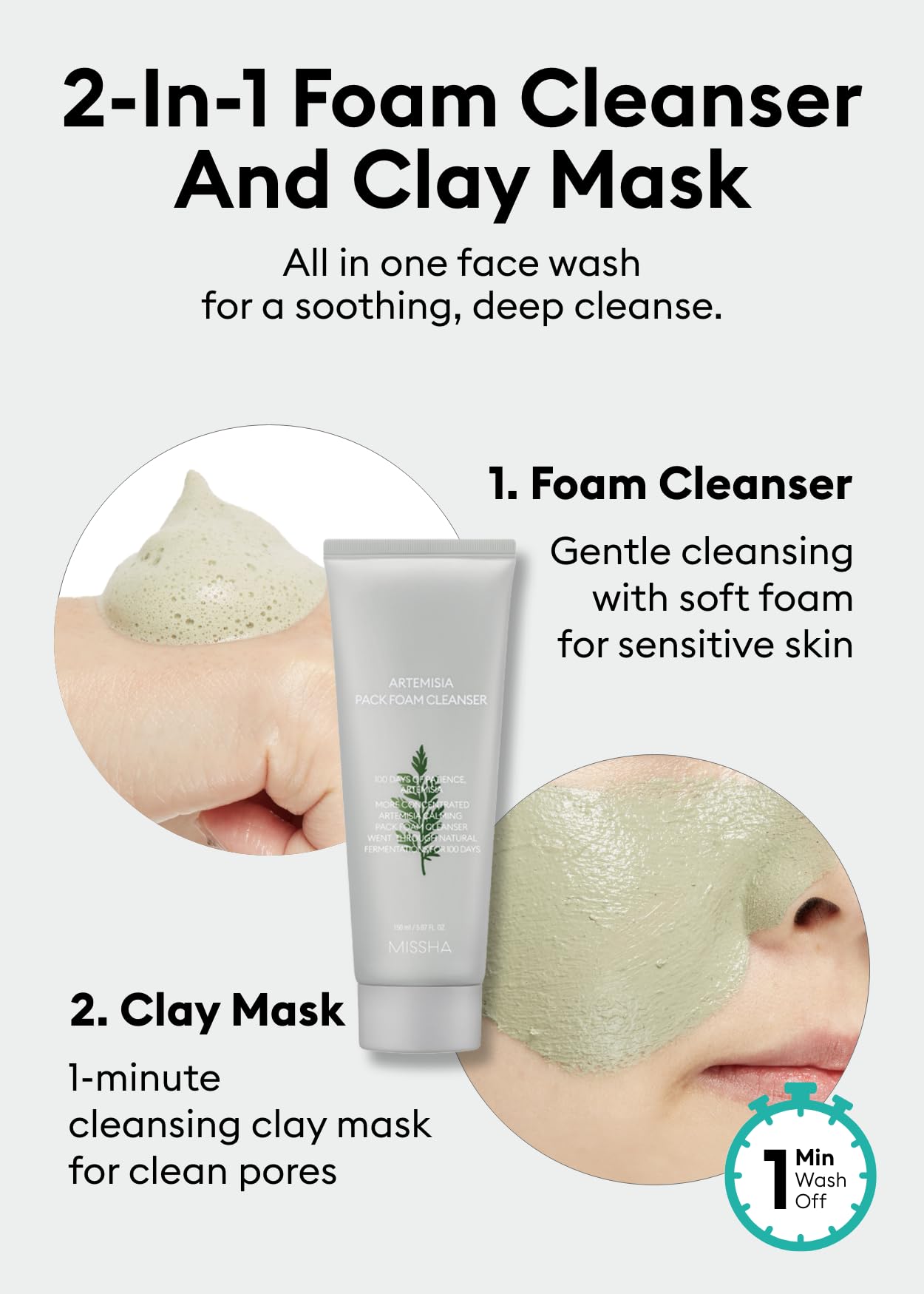 MISSHA Artemisia Pack Foam Cleanser 5.07 Fl oz/ 150ml, 2-in-1 Korean Facial Cleanser & Clay Mask