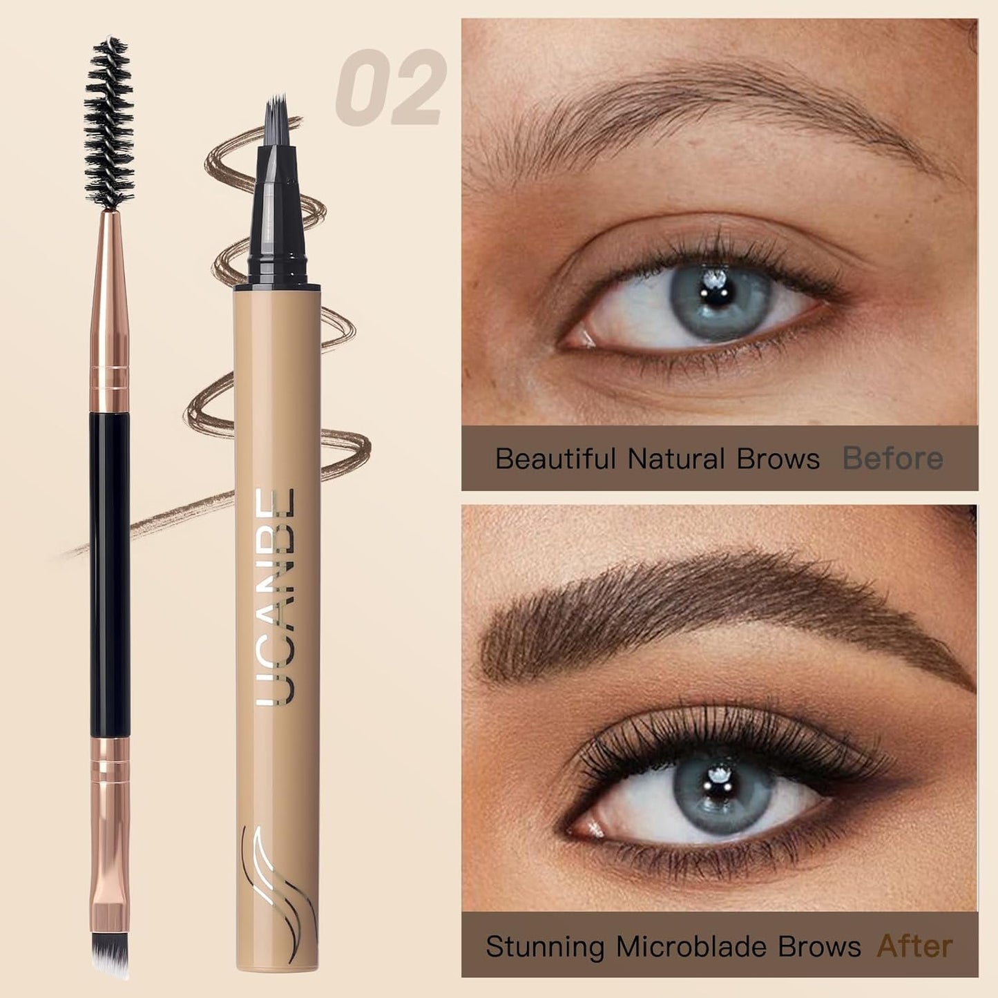 UCANBE Brow-Fection Angled Brush Eyebrow Pen, Liquid Microblading Eyebrow Pencils for Women, Wild Natural Brow Pen for Realistic Hair-Like Brows, Easy to Color, Waterproof, Lasts All Day, Dark Brown