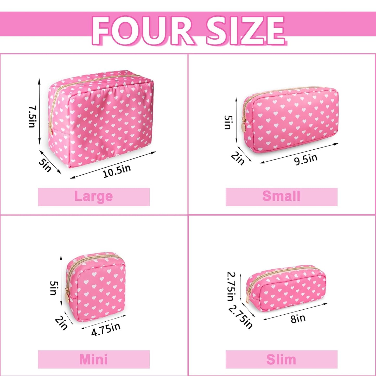 Large Makeup Bag Pouch, Nylon Women Travel Toiletry Storage Bag Preppy Cosmetic Bag for Girls, Big Makeup Organizer Bag Cute Zipper Pouch Skincare Bag for Sport School Work Gift(Large-Pink Heart)