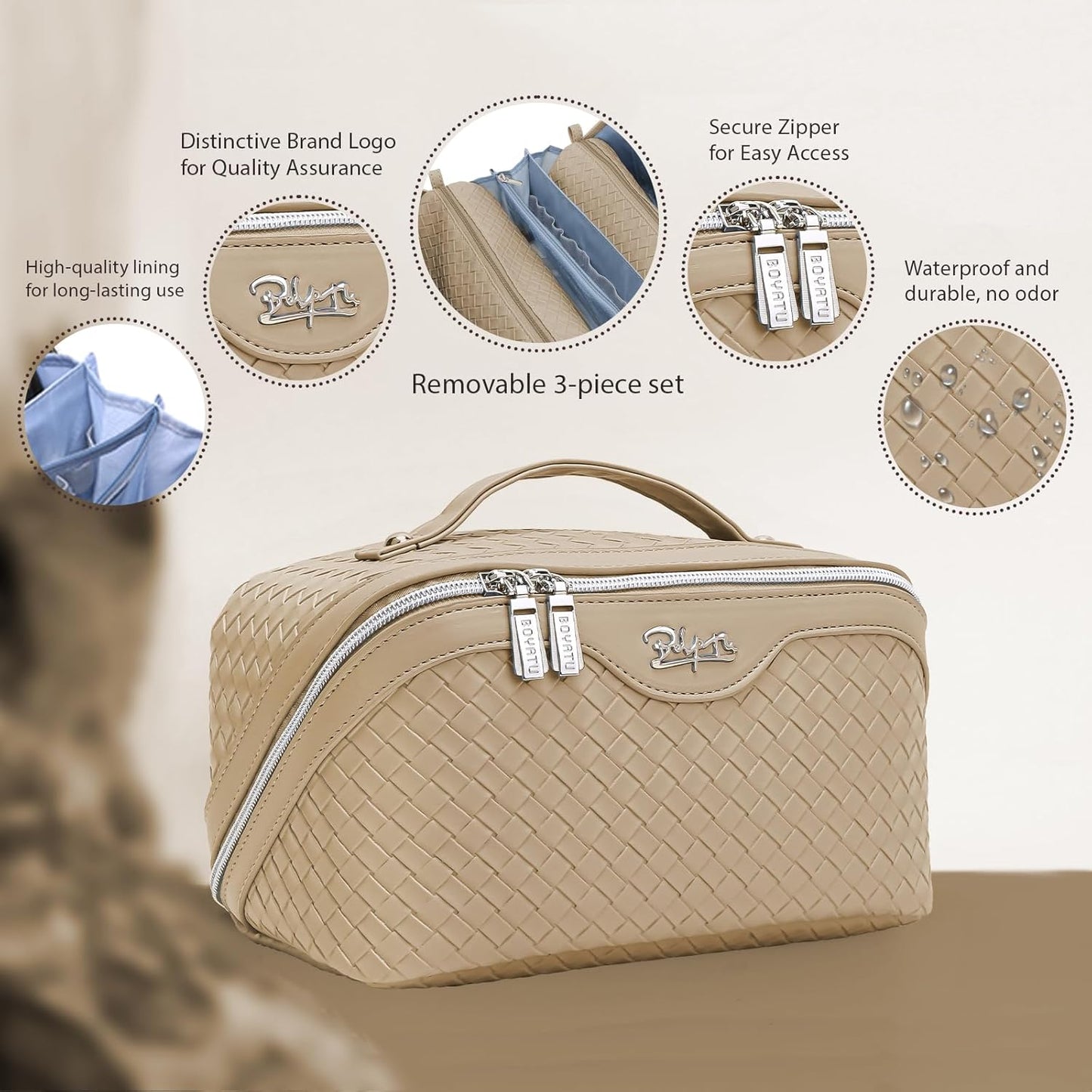 BOYATU Travel Makeup Bags for Women: Large Cosmetic Bag with Compartments - Vegan Leather Make up Bag Set of 3 - Protable Toiletry Organizer (L07 Apricot)