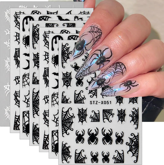 Halloween Nail Stickers 3D Self-Adhesive Goth Nail Art Stickers Pink Spider Web Spider Heart Glitter Design Halloween Acrylic Nail Art Decoration Cute Horror Nail Decals for Women Acrylic Nails DIY