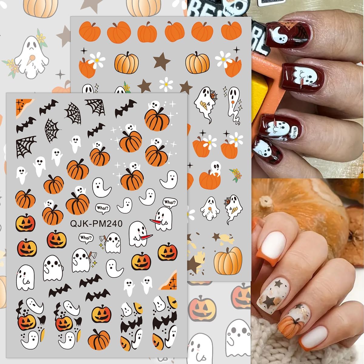 Halloween Nail Art Stickers - 3D Pumpkin, Spooky Ghost, Spider Web, Bats Decals - Self Adhesive Nail Design Stickers for Women DIY - 8 Sheets Decoration