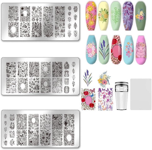 UNICRAFTALE 3Pcs Nail Stamping Plates Nail Stamper Kit with Seal Stamp and Scraper Vintage Garden