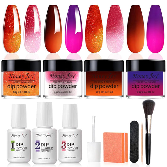 Honey Joy Dip Powder Nail Kit Starter, 4 Colors Halloween Pumpkin Orange Mystic Purple Dipping Powder Liquid Set with Base Top Coat for Nail Art Manicure Salon DIY, Dip-7pcs-No.14
