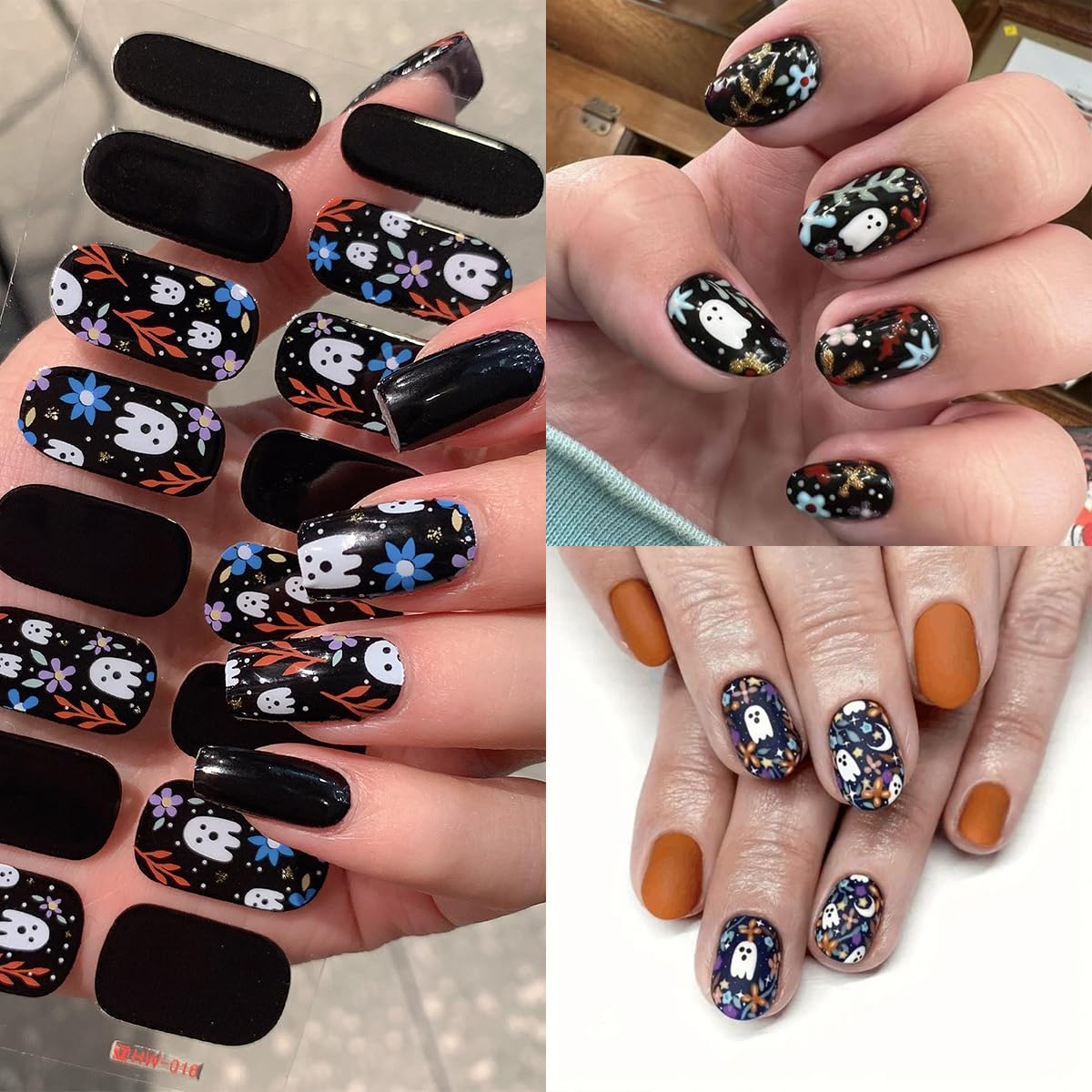 Halloween Ghost Gel Nail Strips - Cute Pumpkin Polish With Orange Black Spider Web, Star Moon Design - Full Wrap Stickers for Women Girl Nail Supplies 4Pcs