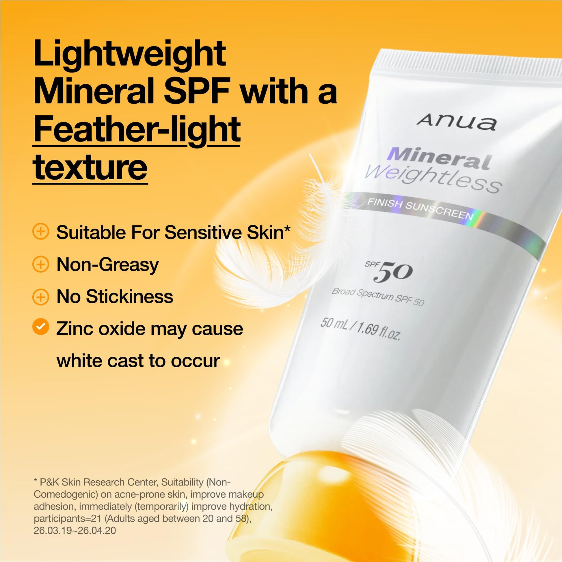 Anua Mineral Weightless Finish Sunscreen SPF 50, Broad Spectrum, Zinc-Based for Sensitive Skin