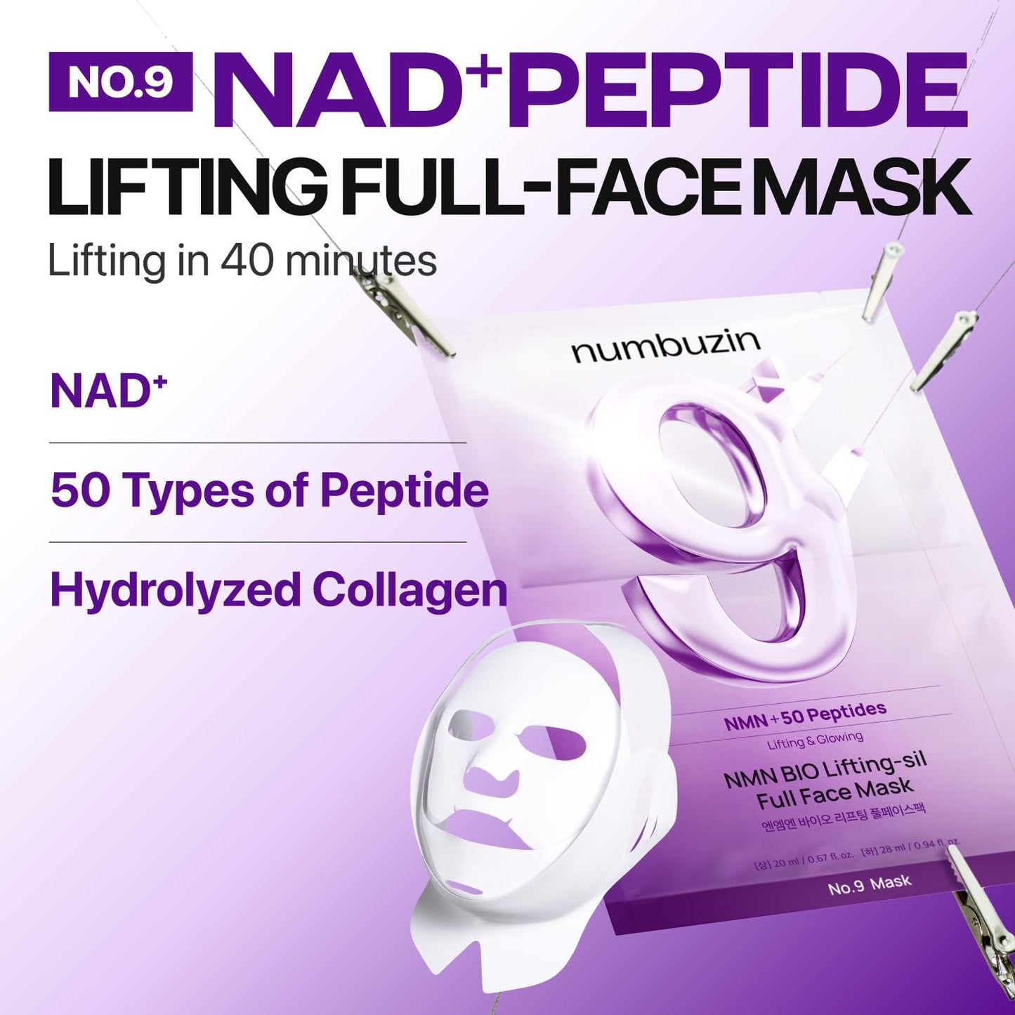 numbuzin No.9+ NAD+ BIO Lifting Full Face Mask, Peptide & Collagen Two-Piece Firming Mask for a