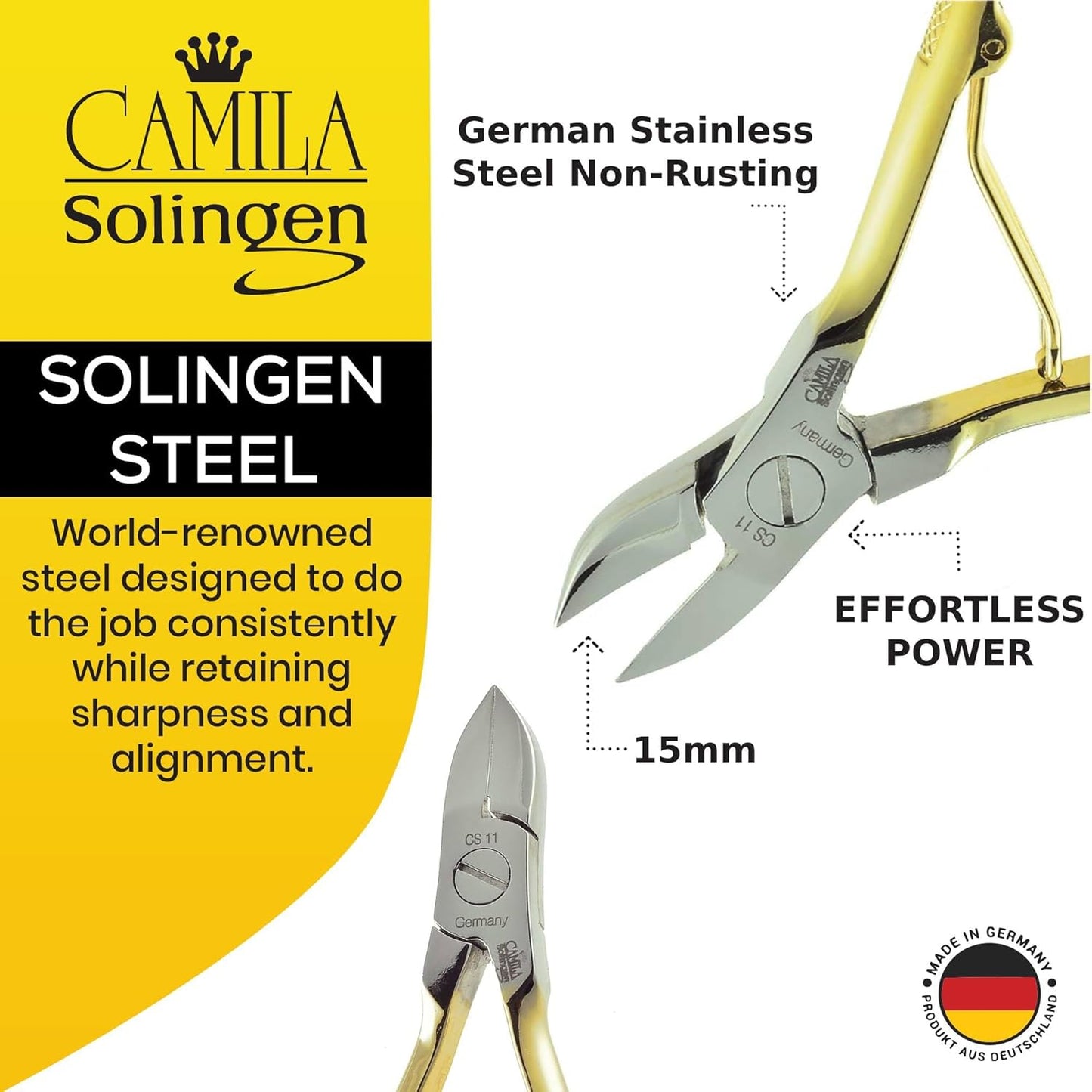 CS11 Professional 4" Fingernail Toenail Nipper/Clipper/Cutter for Manicure/Pedicure. Heavy Duty Precision Super Sharp Curved Stainless Steel 15mm Blade from Solingen Germany (Gold)