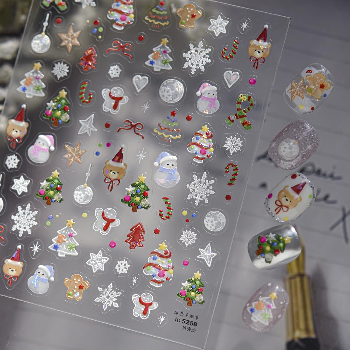 Christmas Nail Art Stickers 5D Ombre Embossed Cute Snowman Nail Stickers Xmas Little Bear Xmas Tree Snowflake Candy Cane Nail Decals for Women Girls Winter Holiday Manicure DIY Nail Supplies 1Sheet