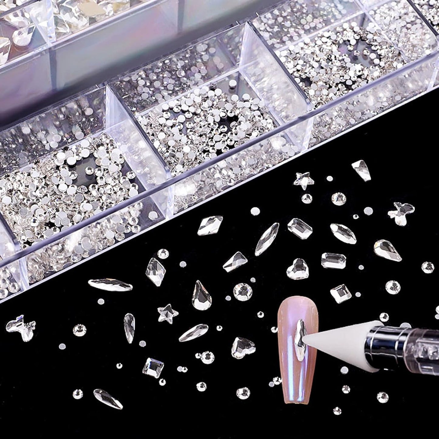 Nail Rhinestones Kit, Nail Art Decorations Flat AB Rhinestones Kit DIY Crafts Gemstones for Nail, Shoes, Clothes, Jewels (600 Blue Diamonds + 2500 Flat Rhinestone)