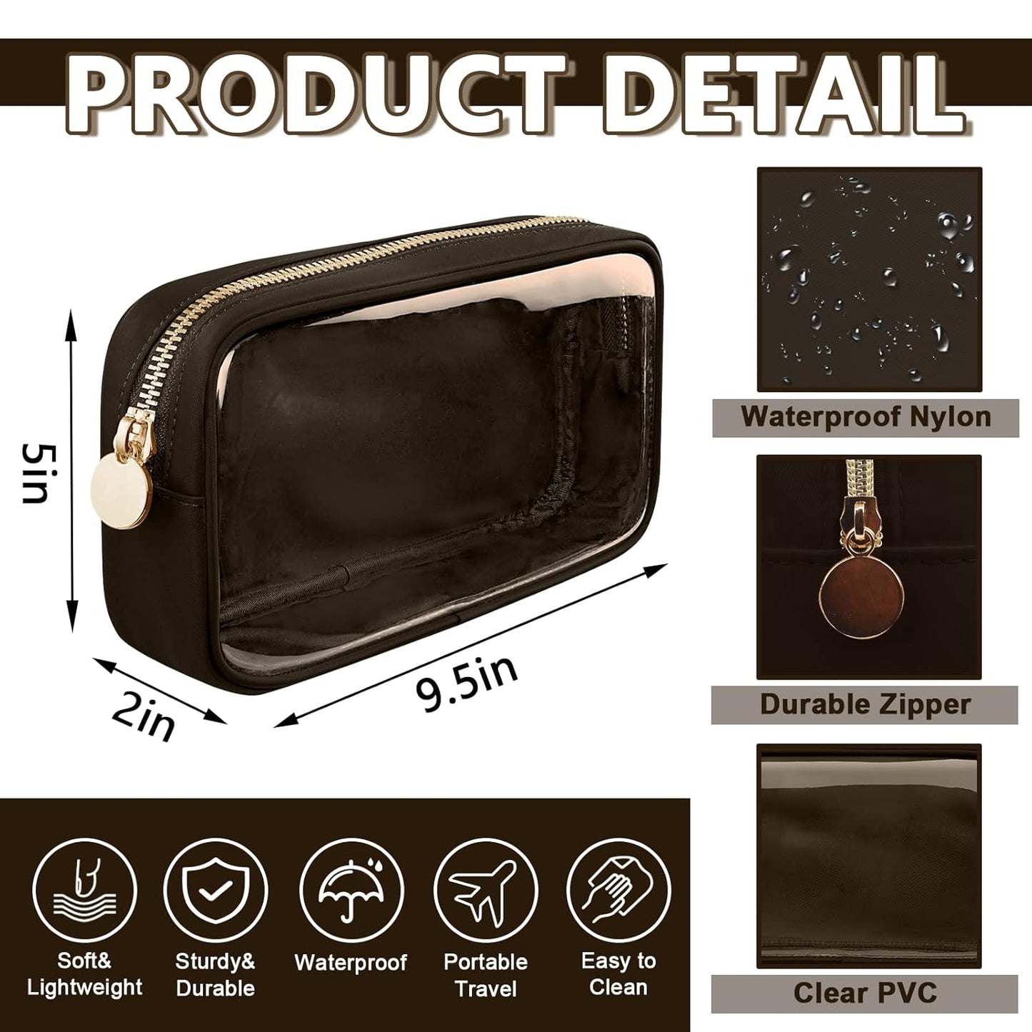 Clear Small Makeup Bag with Zipper, Nylon&PVC Cosmetic Travel Bag Preppy TSA Approved Toiletry Bag for Women Girls, Transparent Waterproof Makeup Pouches Cute Travel Bag for Purse(Small-Chocolate)