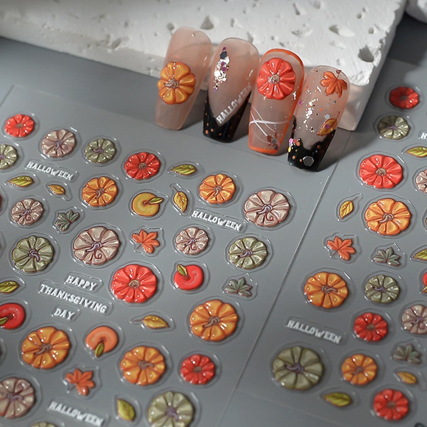 1 Sheets Fall Nail Stickers for Nail Art 5D Self-Adhesive Embossed Pumpkin Nail Art Stickers Autumn Leaves Nail Decals Thanksgiving Nail Design Sticker for Women Nail Decoration