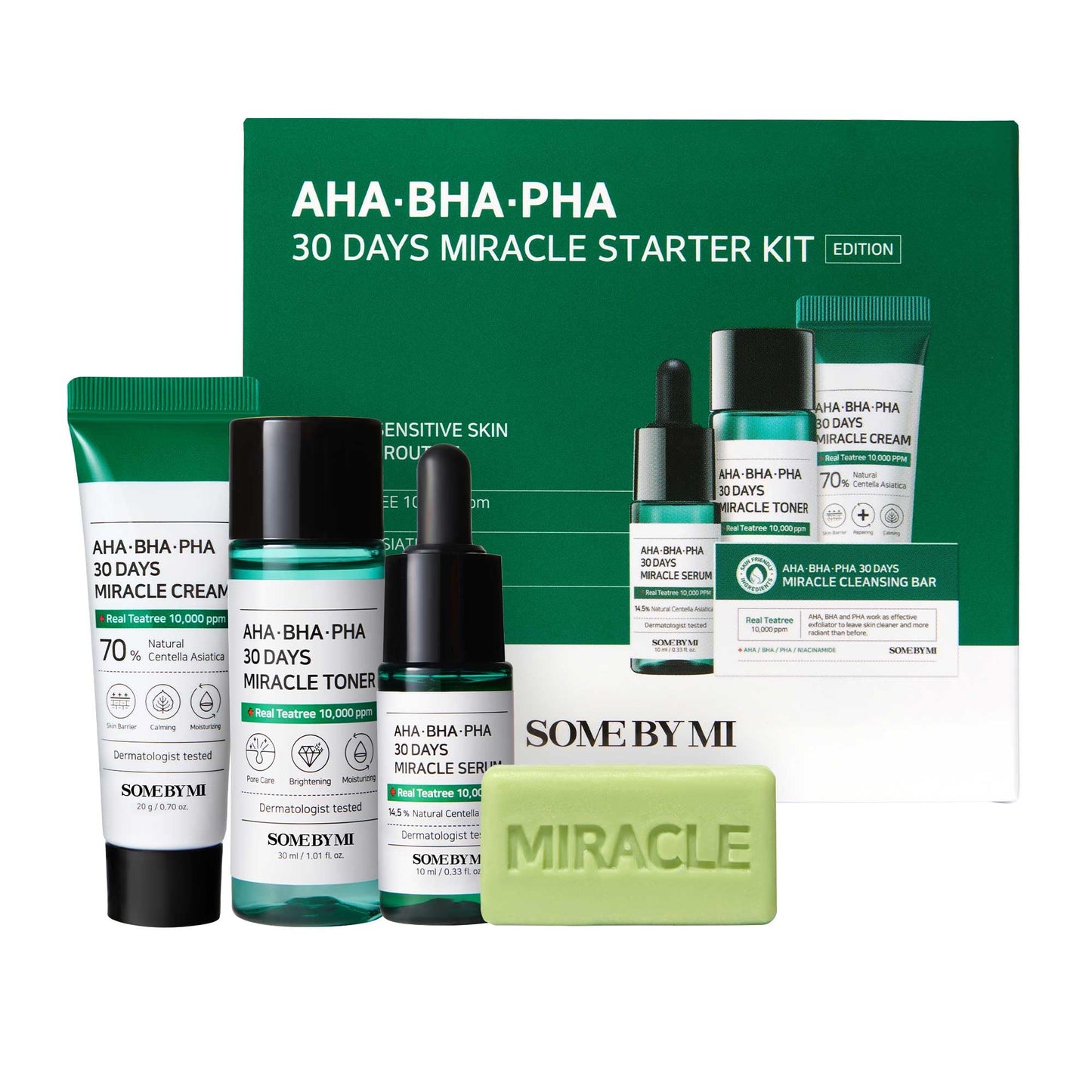SOME BY MI AHA BHA PHA 30Days Starter Kit - Toner 1.01Oz, Serum 0.33Oz, Cream 0.7Oz, Cleansing Bar
